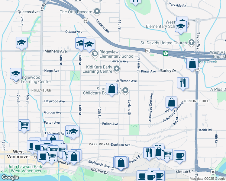 map of restaurants, bars, coffee shops, grocery stores, and more near 1138 Inglewood Avenue in West Vancouver