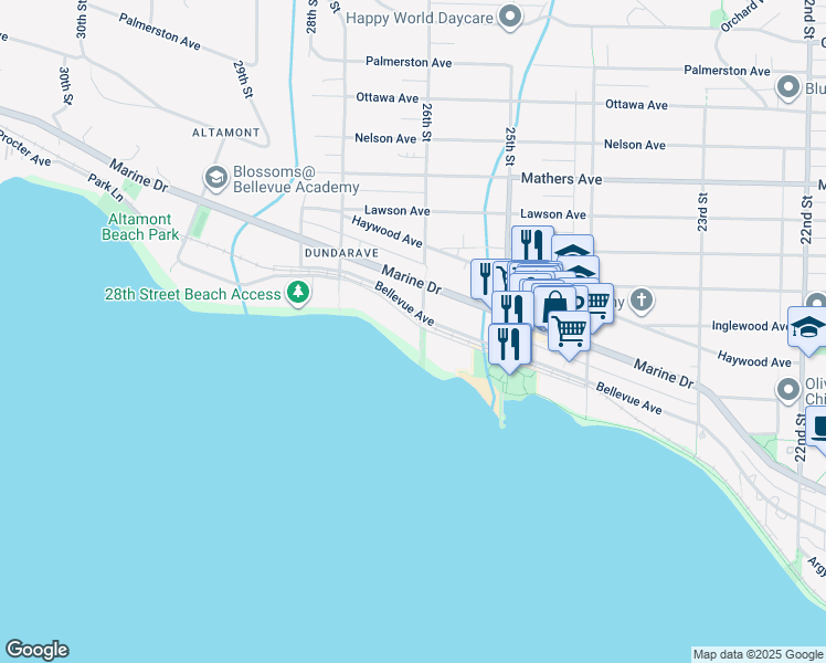 map of restaurants, bars, coffee shops, grocery stores, and more near 2604 Bellevue Avenue in West Vancouver