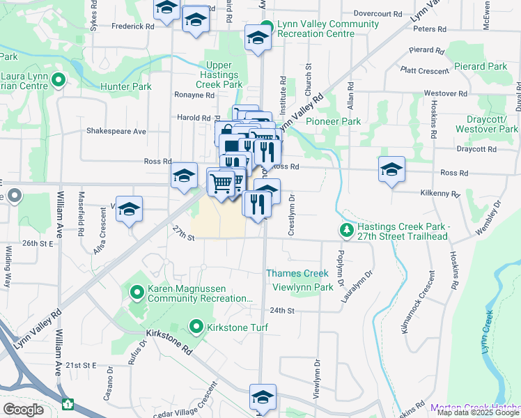 map of restaurants, bars, coffee shops, grocery stores, and more near 2767 Mountain Highway in North Vancouver