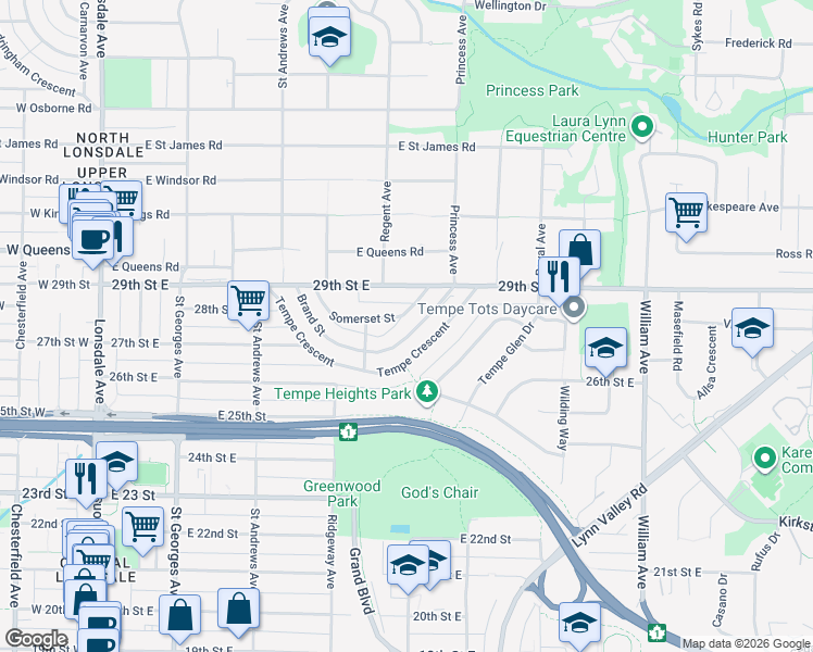 map of restaurants, bars, coffee shops, grocery stores, and more near 500 Brand Street in North Vancouver