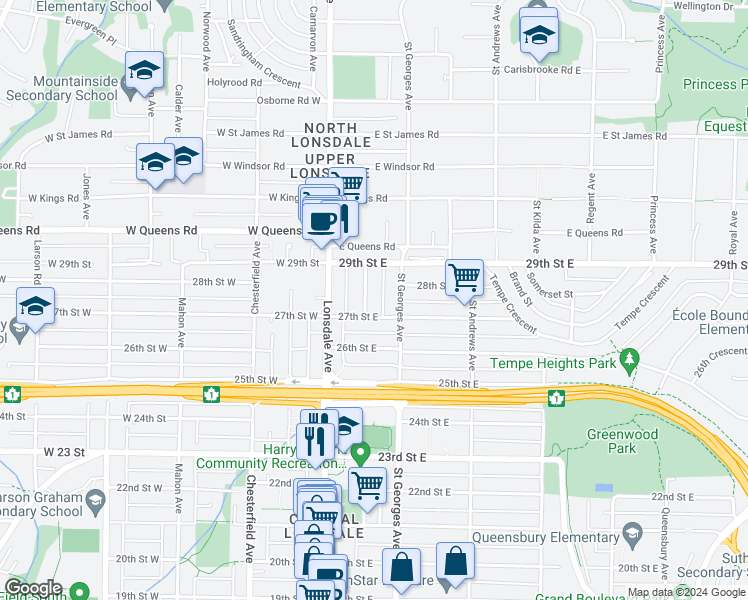 map of restaurants, bars, coffee shops, grocery stores, and more near 2730 Eastern Avenue in North Vancouver