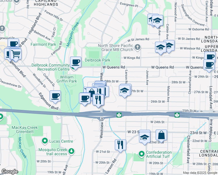 map of restaurants, bars, coffee shops, grocery stores, and more near 805 28th Street West in North Vancouver