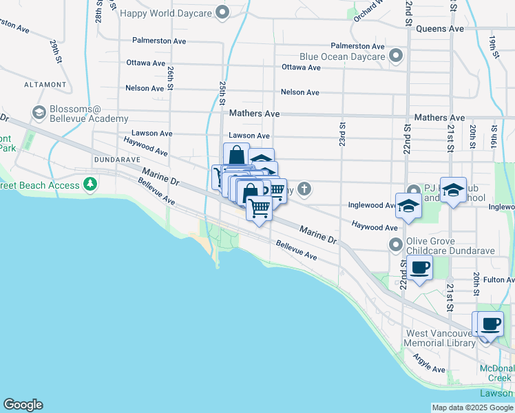 map of restaurants, bars, coffee shops, grocery stores, and more near in West Vancouver