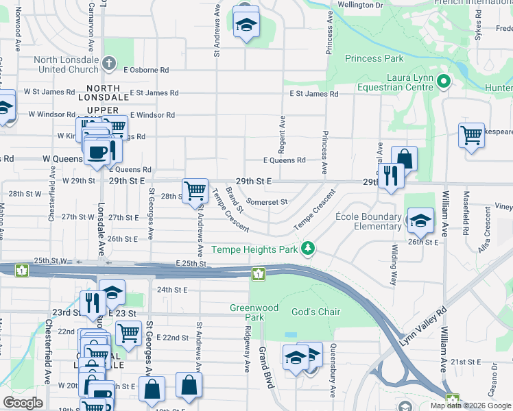 map of restaurants, bars, coffee shops, grocery stores, and more near 401 Somerset Street in North Vancouver
