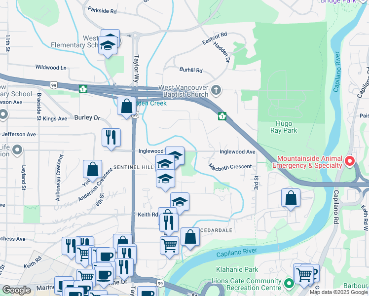 map of restaurants, bars, coffee shops, grocery stores, and more near 555 Inglewood Avenue in West Vancouver