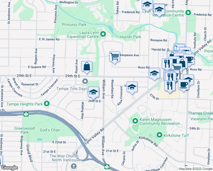 map of restaurants, bars, coffee shops, grocery stores, and more near 2796 William Avenue in North Vancouver