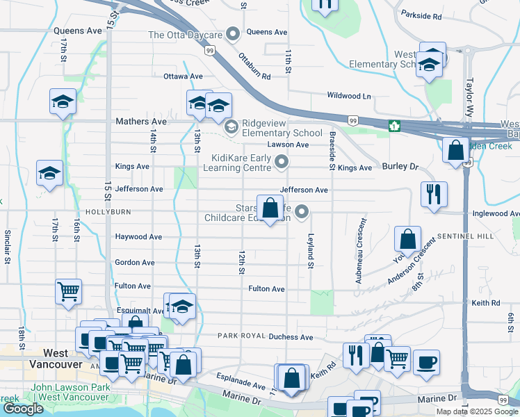 map of restaurants, bars, coffee shops, grocery stores, and more near 1159 Inglewood Avenue in West Vancouver