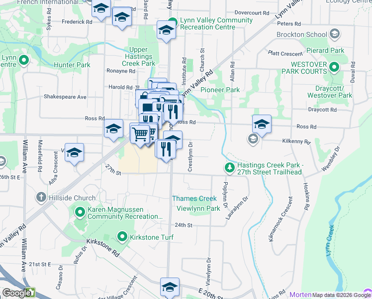 map of restaurants, bars, coffee shops, grocery stores, and more near 2871 Crestlynn Drive in North Vancouver