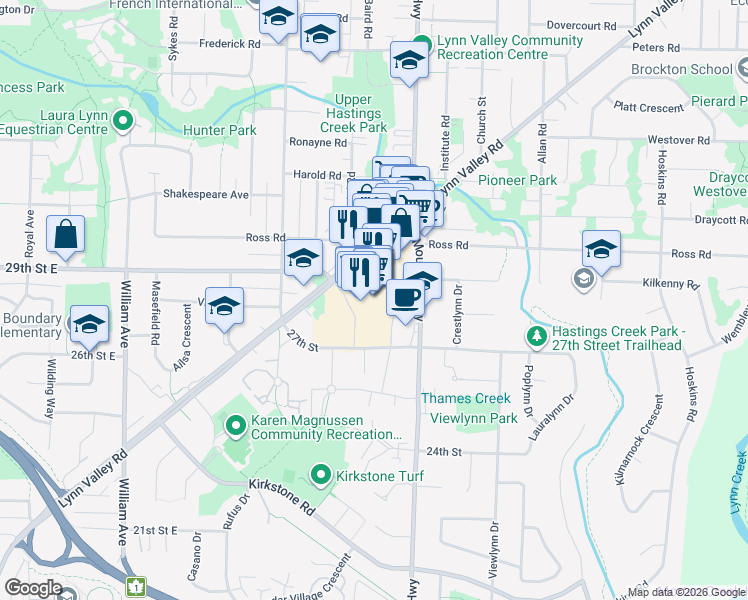 map of restaurants, bars, coffee shops, grocery stores, and more near 1199 Lynn Valley Road in North Vancouver
