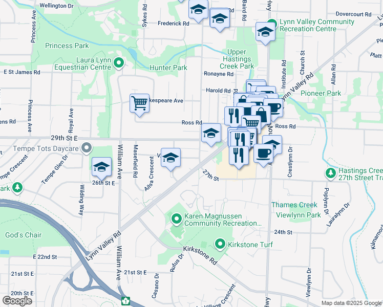 map of restaurants, bars, coffee shops, grocery stores, and more near 1072 Viney Road in North Vancouver