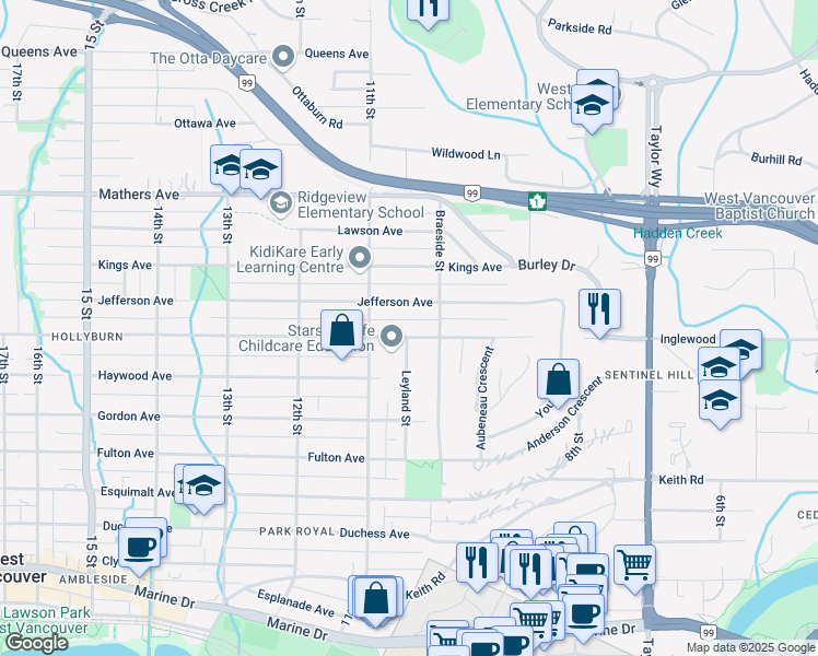 map of restaurants, bars, coffee shops, grocery stores, and more near 1031 Inglewood Avenue in West Vancouver