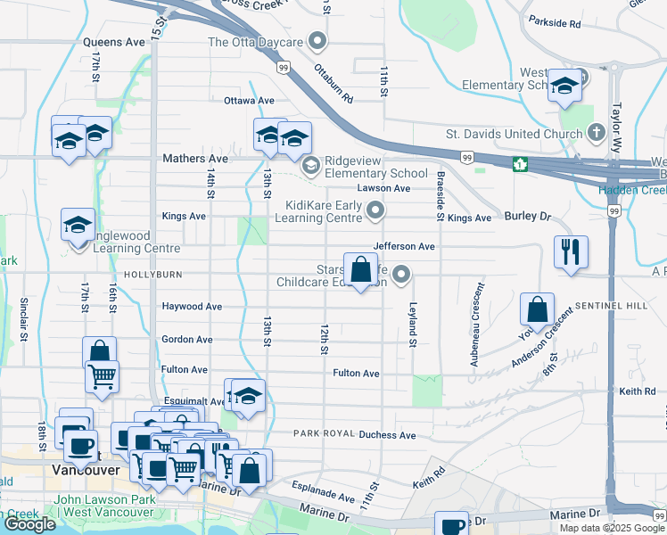 map of restaurants, bars, coffee shops, grocery stores, and more near 1185 Inglewood Avenue in West Vancouver