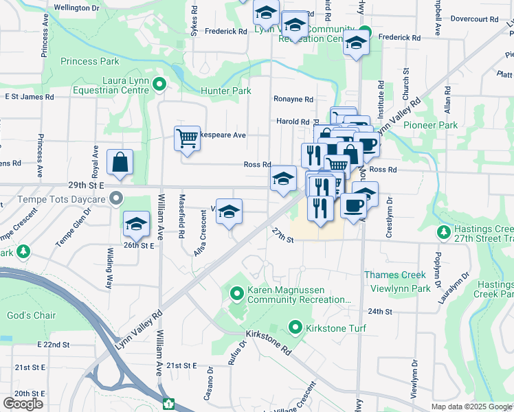 map of restaurants, bars, coffee shops, grocery stores, and more near 1072 Viney Road in North Vancouver