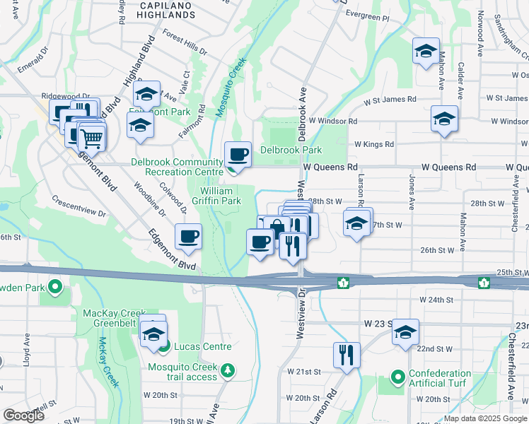 map of restaurants, bars, coffee shops, grocery stores, and more near 879 Westview Crescent in North Vancouver