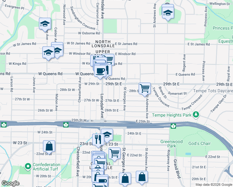 map of restaurants, bars, coffee shops, grocery stores, and more near 2730 Eastern Avenue in North Vancouver