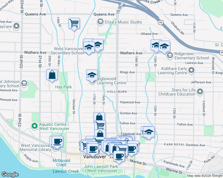map of restaurants, bars, coffee shops, grocery stores, and more near 1531 Inglewood Avenue in West Vancouver