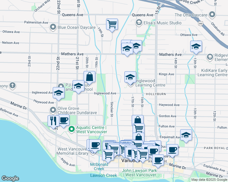 map of restaurants, bars, coffee shops, grocery stores, and more near 1819 Inglewood Avenue in West Vancouver