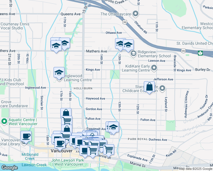 map of restaurants, bars, coffee shops, grocery stores, and more near 1361 Inglewood Avenue in West Vancouver