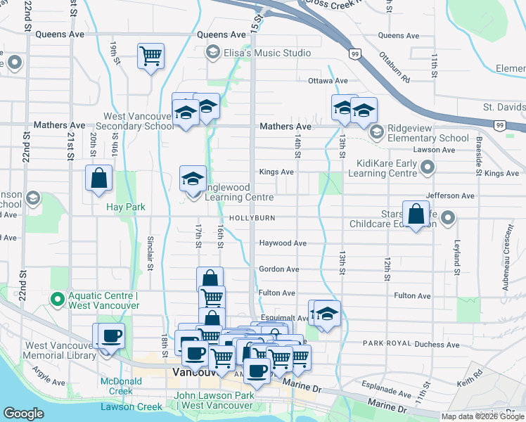 map of restaurants, bars, coffee shops, grocery stores, and more near 1477 Inglewood Avenue in West Vancouver