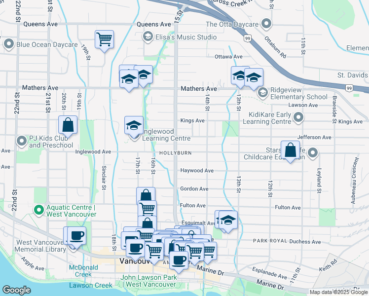 map of restaurants, bars, coffee shops, grocery stores, and more near 1473 Inglewood Avenue in West Vancouver
