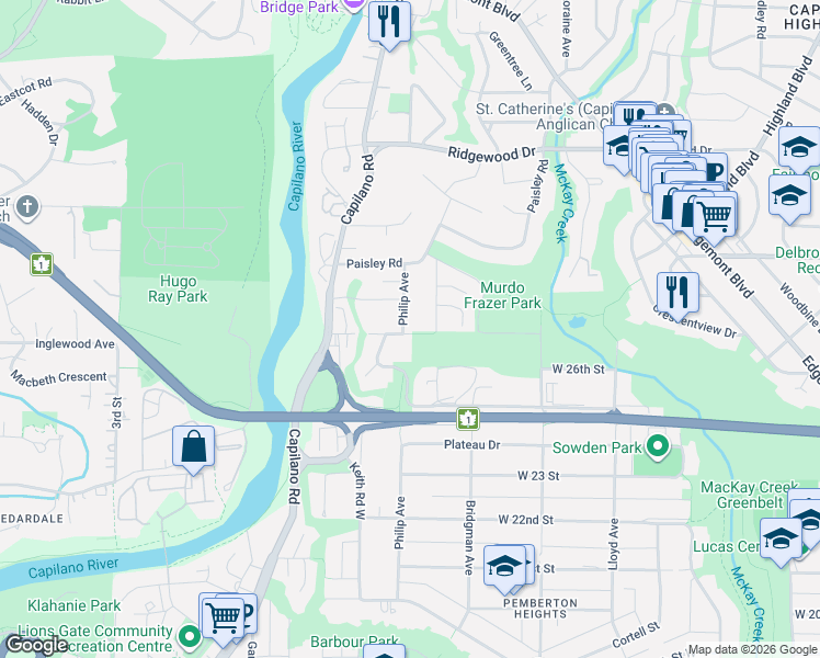 map of restaurants, bars, coffee shops, grocery stores, and more near 2700 Philip Avenue in North Vancouver
