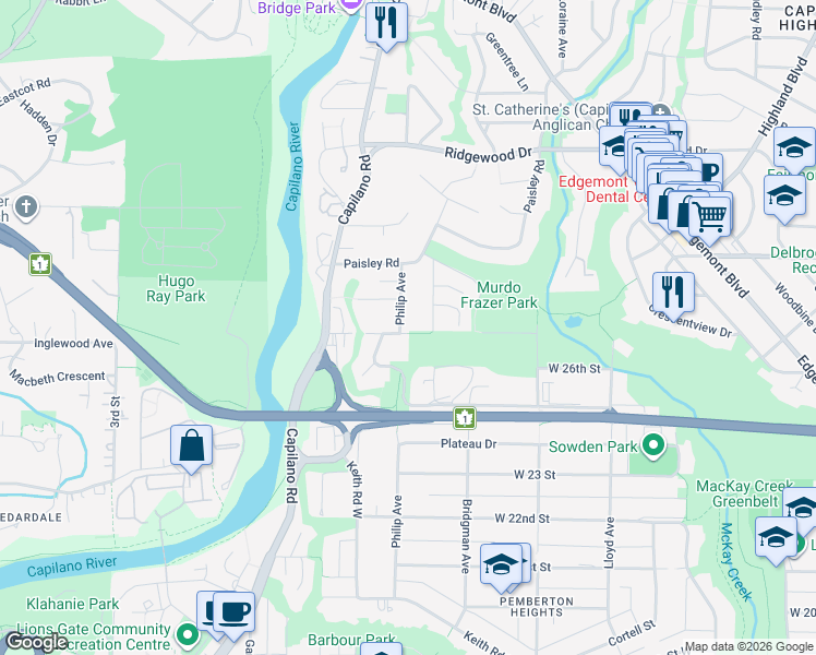 map of restaurants, bars, coffee shops, grocery stores, and more near 2700 Philip Avenue in North Vancouver