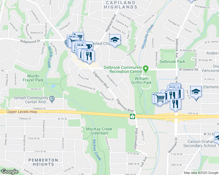 map of restaurants, bars, coffee shops, grocery stores, and more near 2706 Edgemont Boulevard in North Vancouver