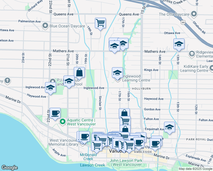 map of restaurants, bars, coffee shops, grocery stores, and more near 1793 Inglewood Avenue in West Vancouver