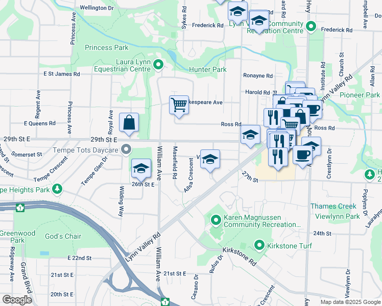 map of restaurants, bars, coffee shops, grocery stores, and more near 924 Viney Road in North Vancouver