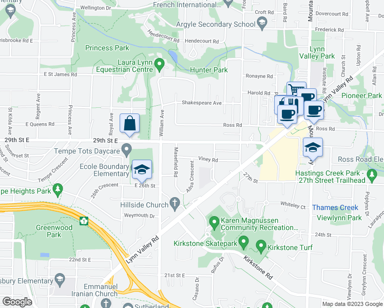 map of restaurants, bars, coffee shops, grocery stores, and more near 924 Viney Road in North Vancouver