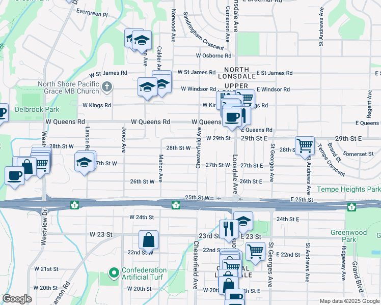 map of restaurants, bars, coffee shops, grocery stores, and more near in North Vancouver