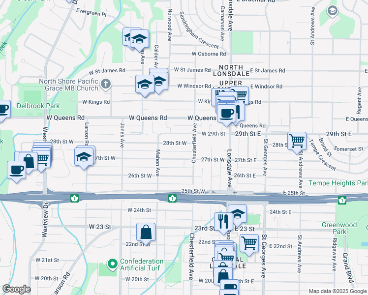 map of restaurants, bars, coffee shops, grocery stores, and more near in North Vancouver