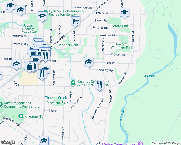 map of restaurants, bars, coffee shops, grocery stores, and more near 2864 Bushnell Place in North Vancouver