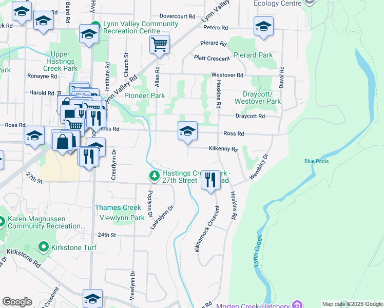 map of restaurants, bars, coffee shops, grocery stores, and more near 2864 Bushnell Place in North Vancouver