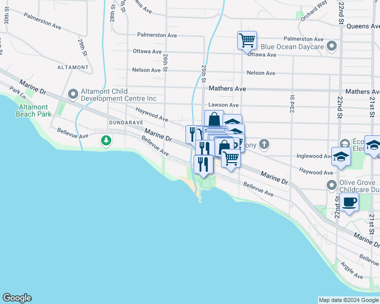 map of restaurants, bars, coffee shops, grocery stores, and more near 2526 Marine Drive in West Vancouver