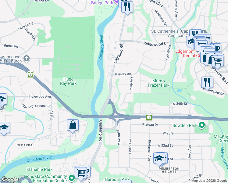 map of restaurants, bars, coffee shops, grocery stores, and more near 1526 Woods Drive in North Vancouver