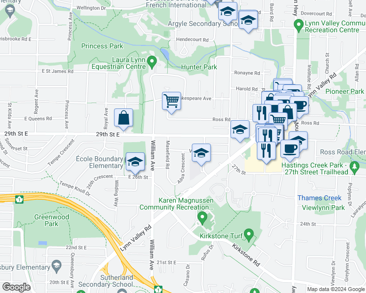 map of restaurants, bars, coffee shops, grocery stores, and more near 924 Viney Road in North Vancouver