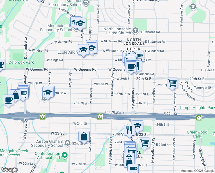 map of restaurants, bars, coffee shops, grocery stores, and more near 213 28th Street West in North Vancouver