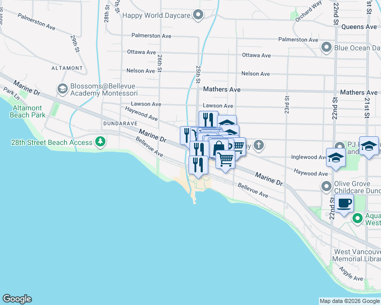 map of restaurants, bars, coffee shops, grocery stores, and more near 2508 Marine Drive in West Vancouver