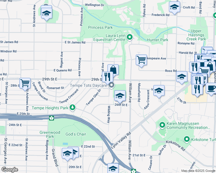 map of restaurants, bars, coffee shops, grocery stores, and more near 2886 Munday Place in North Vancouver