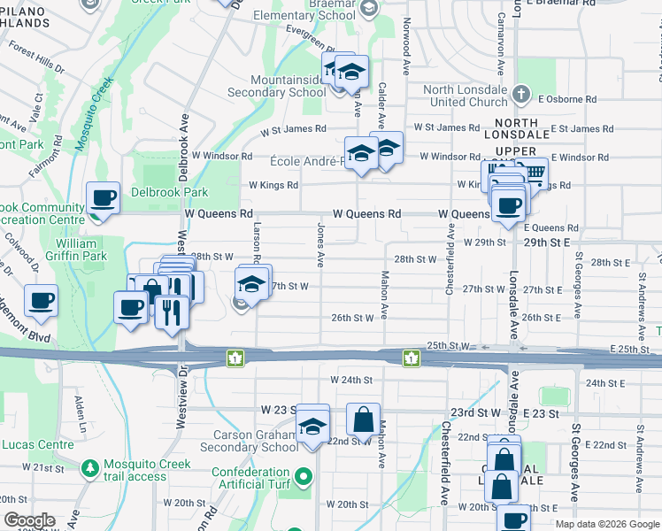 map of restaurants, bars, coffee shops, grocery stores, and more near 359 28th Street West in North Vancouver