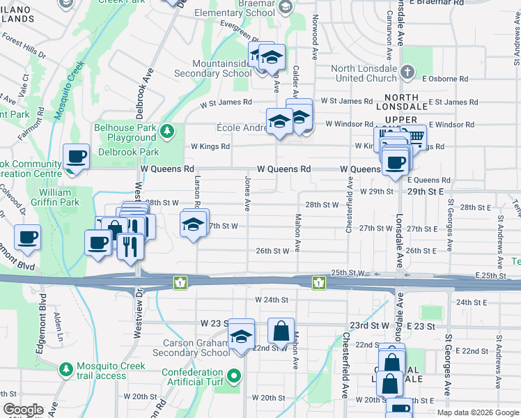 map of restaurants, bars, coffee shops, grocery stores, and more near 351 28th Street West in North Vancouver
