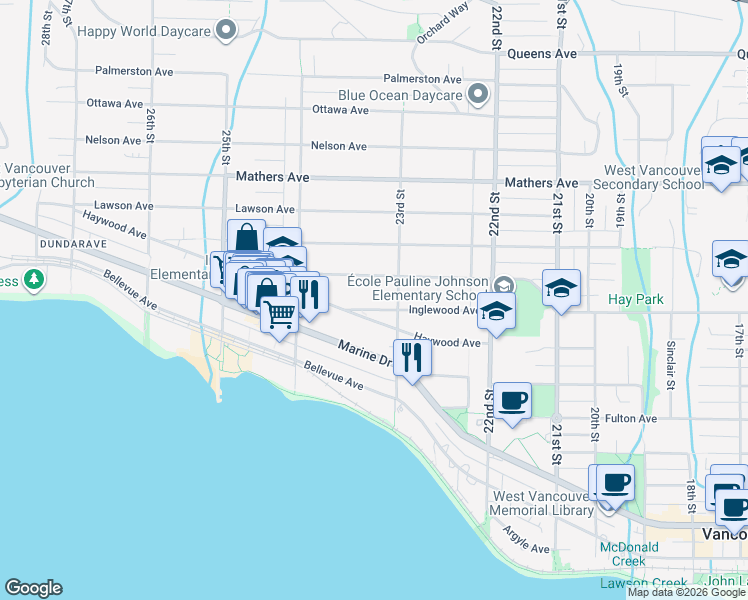 map of restaurants, bars, coffee shops, grocery stores, and more near 2323 Inglewood Avenue in West Vancouver