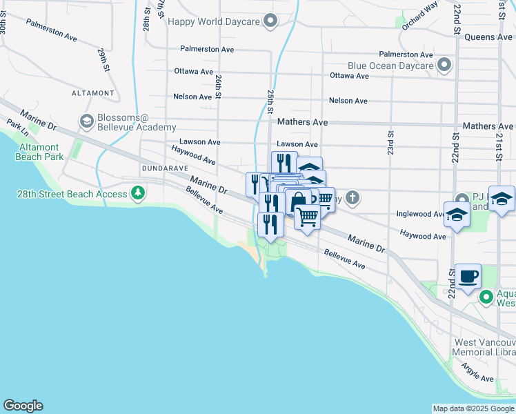 map of restaurants, bars, coffee shops, grocery stores, and more near 2520 Marine Drive in West Vancouver
