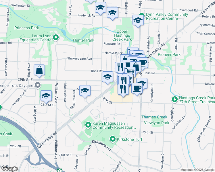 map of restaurants, bars, coffee shops, grocery stores, and more near 1150 Lynn Valley Road in North Vancouver