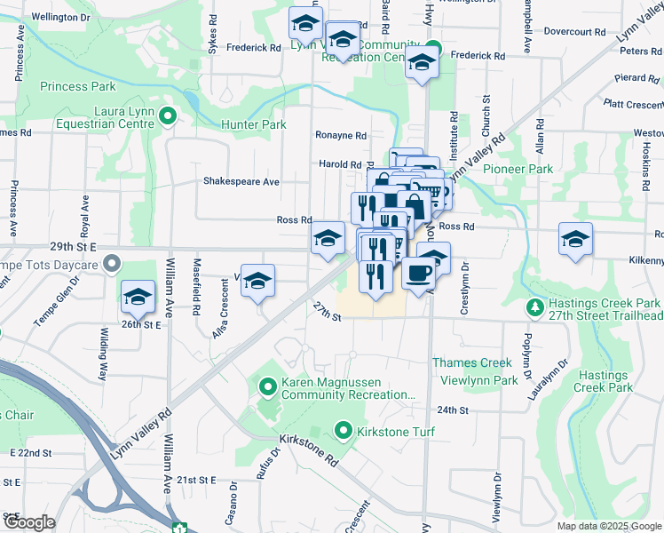 map of restaurants, bars, coffee shops, grocery stores, and more near 1150 Lynn Valley Road in North Vancouver
