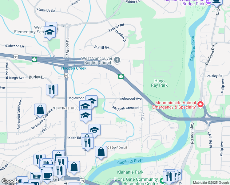 map of restaurants, bars, coffee shops, grocery stores, and more near 427 Newlands Road in West Vancouver