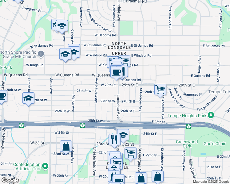 map of restaurants, bars, coffee shops, grocery stores, and more near 121B West 29th Street in North Vancouver