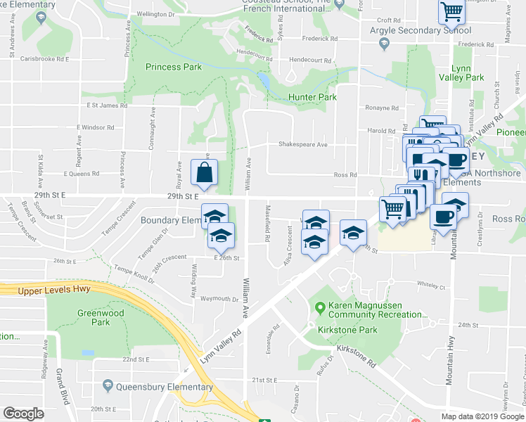 map of restaurants, bars, coffee shops, grocery stores, and more near 2841 Masefield Road in North Vancouver