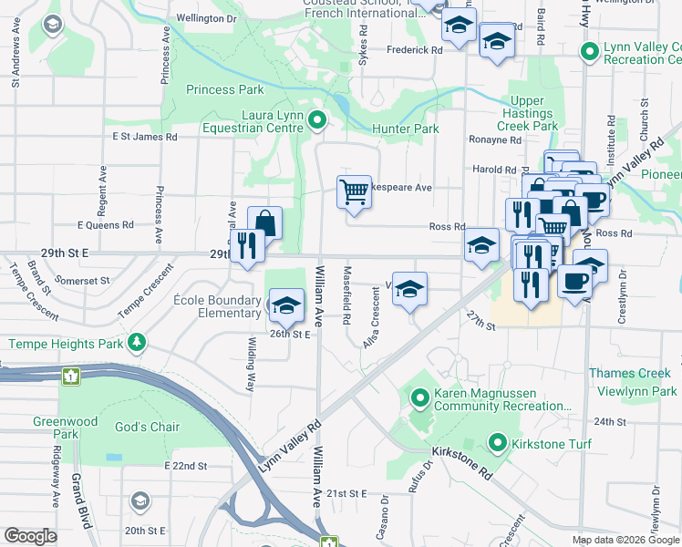 map of restaurants, bars, coffee shops, grocery stores, and more near 2841 Masefield Road in North Vancouver
